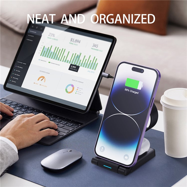 H23 Wireless Charging Station Foldable 3-in-1 Wireless Charger Stand ABS Charge Dock for iPhone 8 Above / iWatch / AirPods