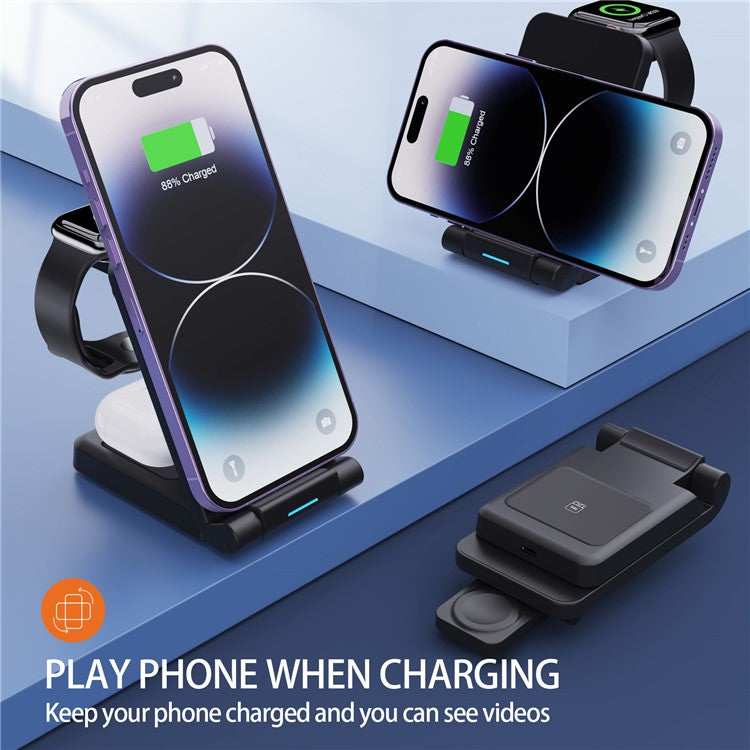 H23 Wireless Charging Station Foldable 3-in-1 Wireless Charger Stand ABS Charge Dock for iPhone 8 Above / iWatch / AirPods