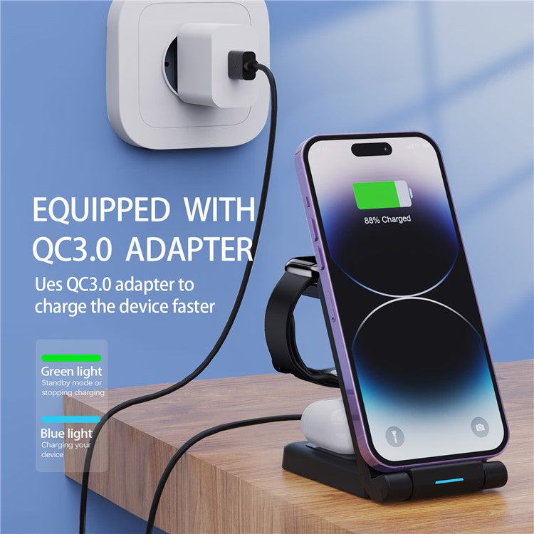 H23 Wireless Charging Station Foldable 3-in-1 Wireless Charger Stand ABS Charge Dock for iPhone 8 Above / iWatch / AirPods