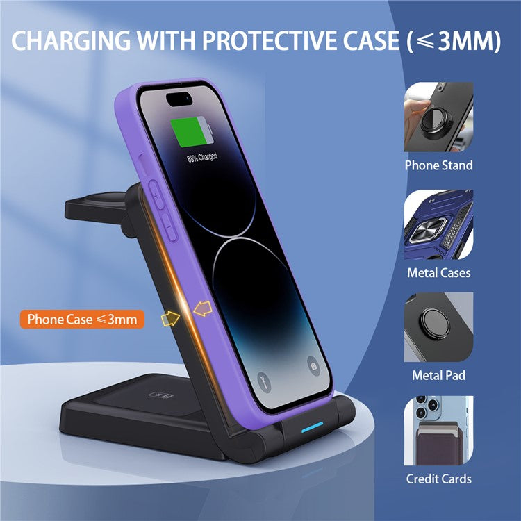 H23 Wireless Charging Station Foldable 3-in-1 Wireless Charger Stand ABS Charge Dock for iPhone 8 Above / iWatch / AirPods