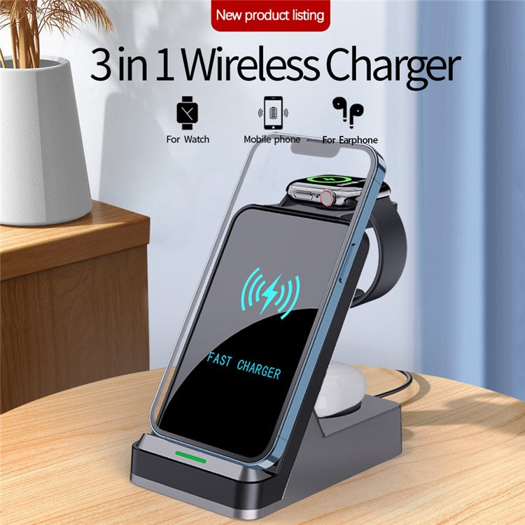 H15B Wireless Charger 3 in 1 15W Fast Wireless Charging Dock ABS+Tempered Glass Multi Charger Stand for iPhone 8 Above / iWatch / AirPods - Black