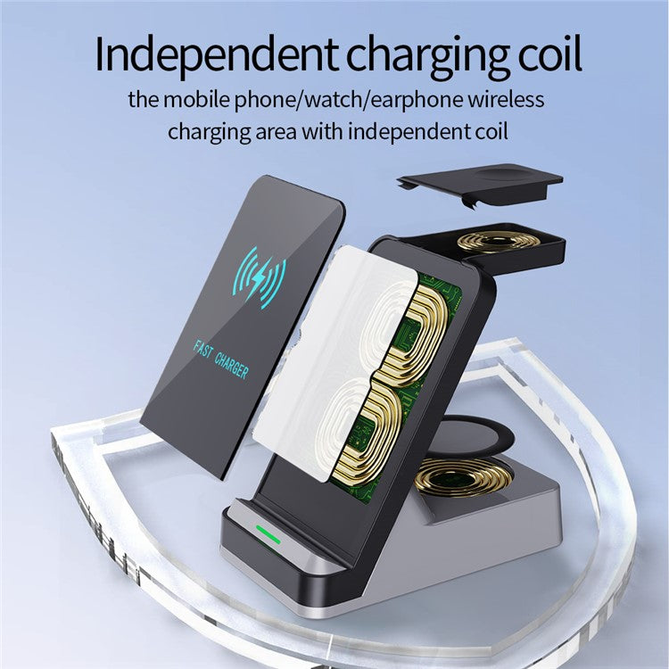 H15B Wireless Charger 3 in 1 15W Fast Wireless Charging Dock ABS+Tempered Glass Multi Charger Stand for iPhone 8 Above / iWatch / AirPods - Black