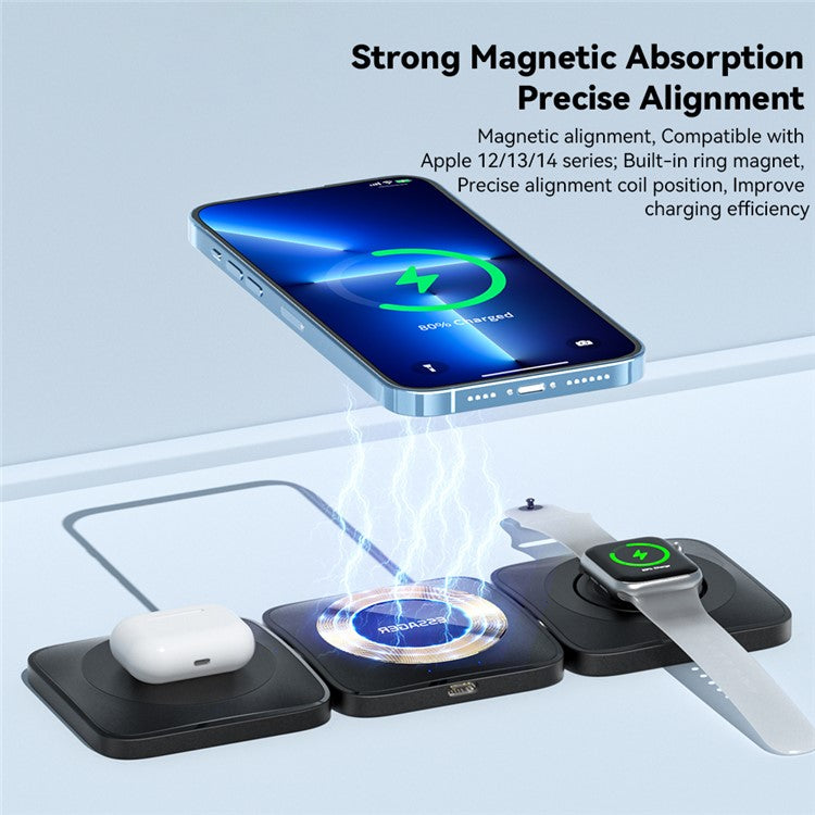 ESSAGER 3-in-1 Combination 15W Magnetic Wireless Charger Folding Portable Cell Phone Charging Base for Headset / Earbuds - Black