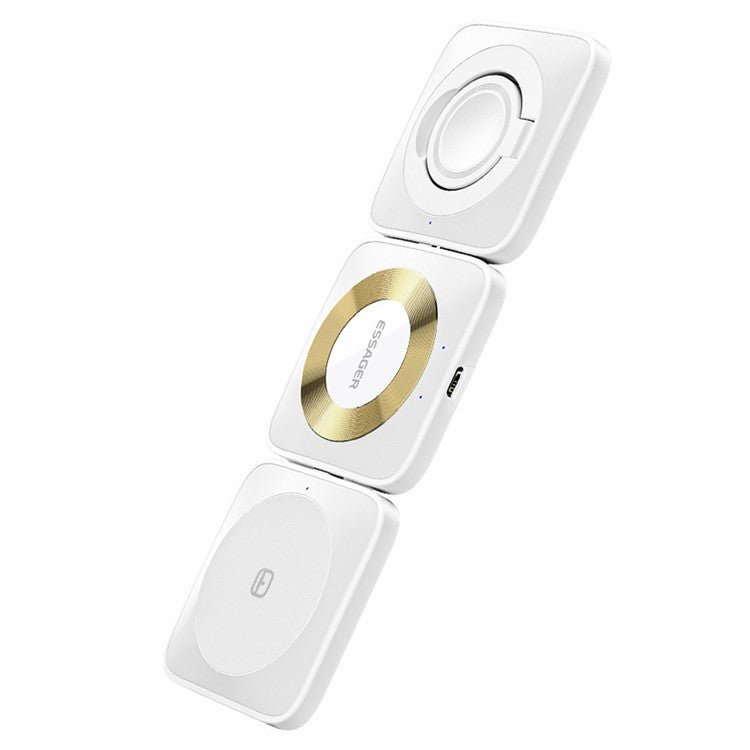 ESSAGER 3-in-1 Combination 15W Magnetic Wireless Charger Folding Portable Cell Phone Charging Base for Headset / Earbuds - White