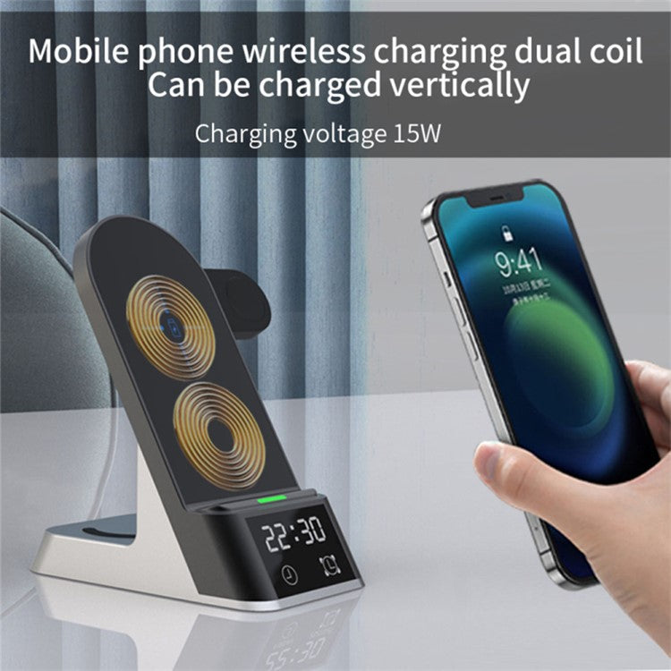 H35 6-in-1 Magnetic Wireless Charging Station ABS+Tempered Glass 15W Fast Charger Stand with Alarm Clock for Phone / Watch / Earphones