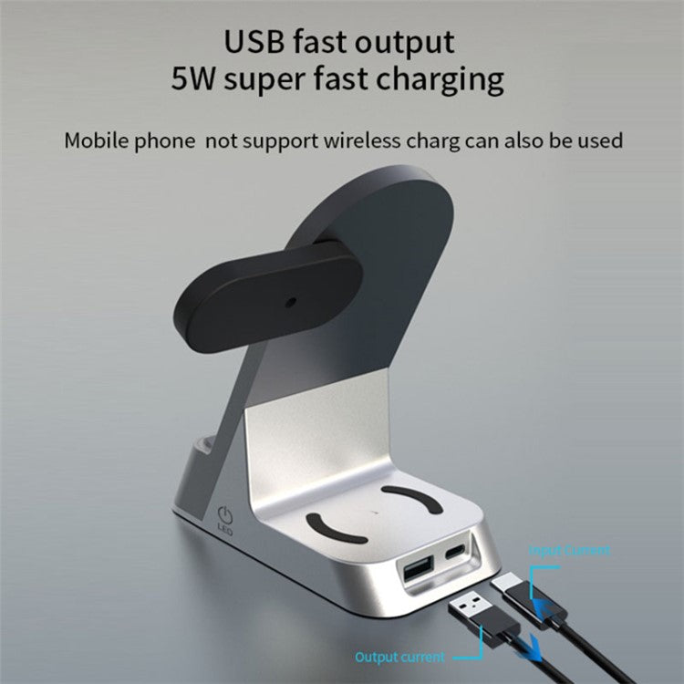 H35 6-in-1 Magnetic Wireless Charging Station ABS+Tempered Glass 15W Fast Charger Stand with Alarm Clock for Phone / Watch / Earphones