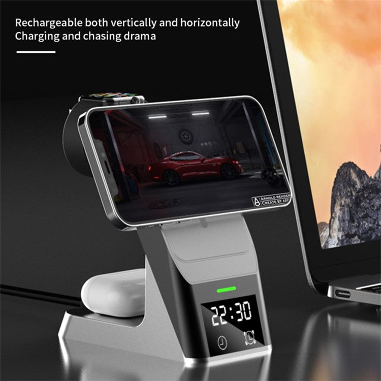 H26 Magnetic Wireless Charger 6-in-1 Wireless Charging Station ABS+PC 15W Fast Charger Stand with Clock