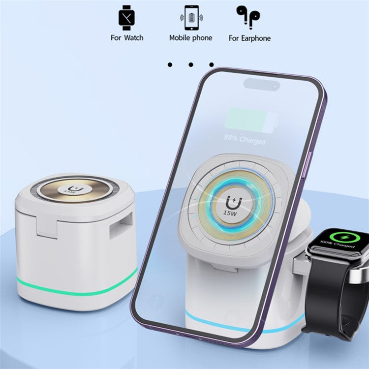 H32 15W 3-in-1 Magnetic Wireless Charger for Headset, Smart Watch Multi-Function Cell Phone Charging Stand - Transparent