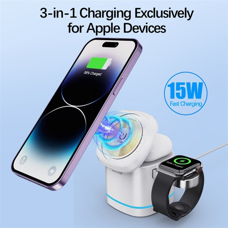 H32 15W 3-in-1 Magnetic Wireless Charger for Headset, Smart Watch Multi-Function Cell Phone Charging Stand - Transparent