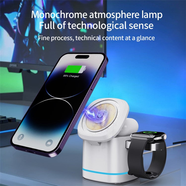 H32 15W 3-in-1 Magnetic Wireless Charger for Headset, Smart Watch Multi-Function Cell Phone Charging Stand - Transparent