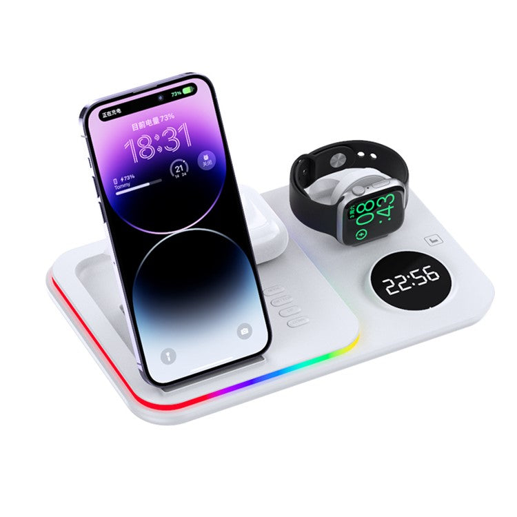 JJT-A82 Folding Cell Phone Wireless Charger RGB Lights Multifunction Headphone Watch Charging Station with Clock - White