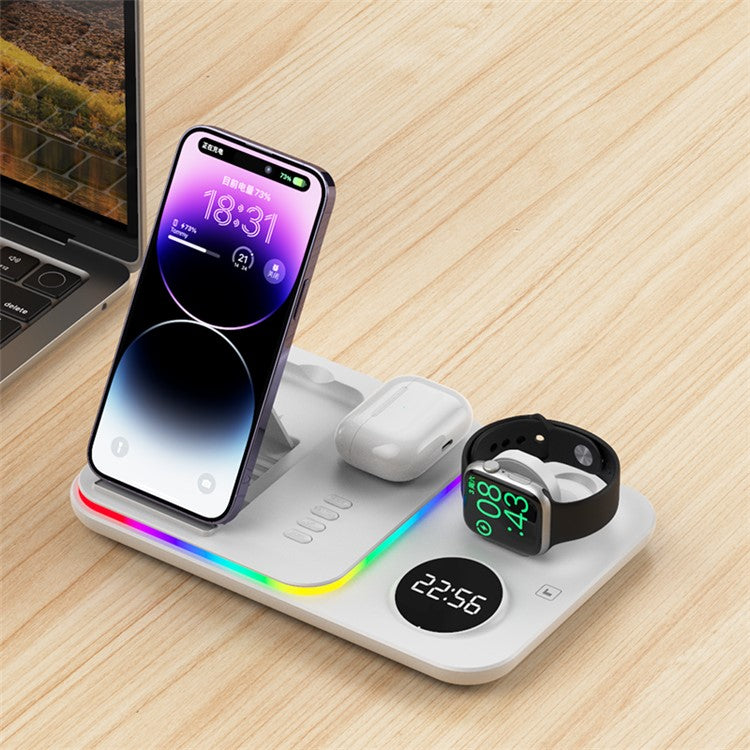 JJT-A82 Folding Cell Phone Wireless Charger RGB Lights Multifunction Headphone Watch Charging Station with Clock - White