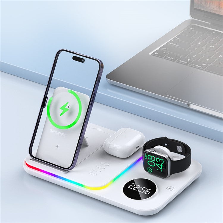 JJT-A82 Folding Cell Phone Wireless Charger RGB Lights Multifunction Headphone Watch Charging Station with Clock - White