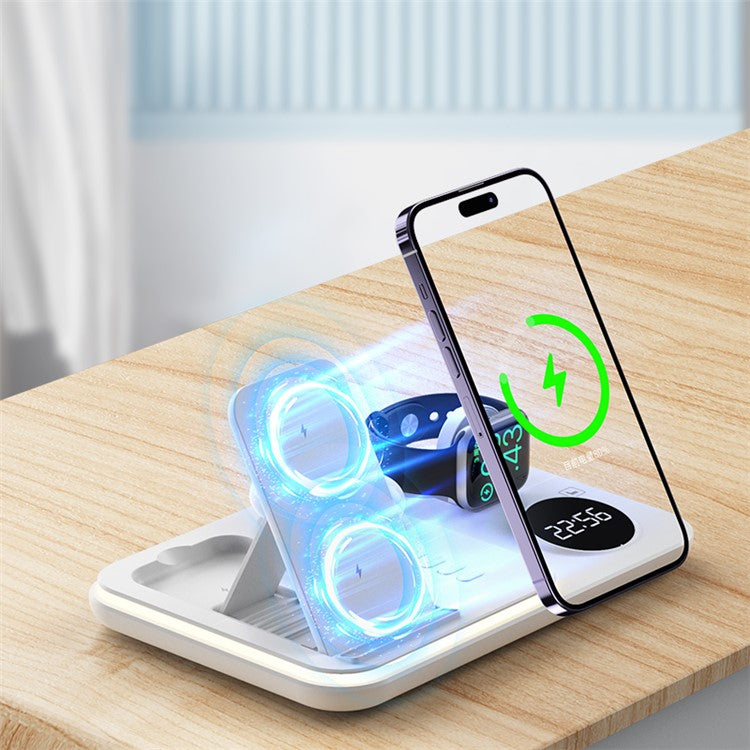 JJT-A82 Folding Cell Phone Wireless Charger RGB Lights Multifunction Headphone Watch Charging Station with Clock - White