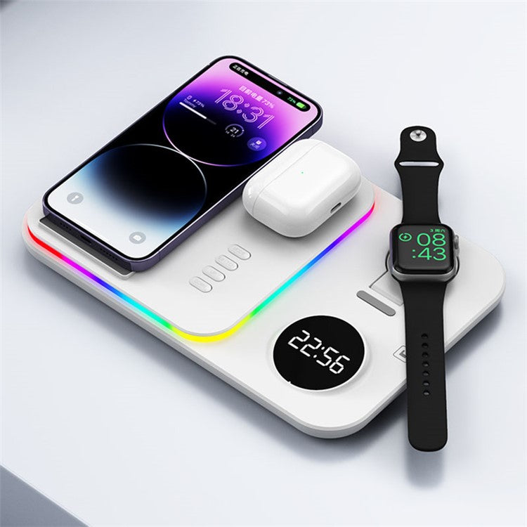 JJT-A82 Folding Cell Phone Wireless Charger RGB Lights Multifunction Headphone Watch Charging Station with Clock - White