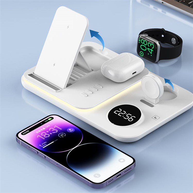 JJT-A82 Folding Cell Phone Wireless Charger RGB Lights Multifunction Headphone Watch Charging Station with Clock - White