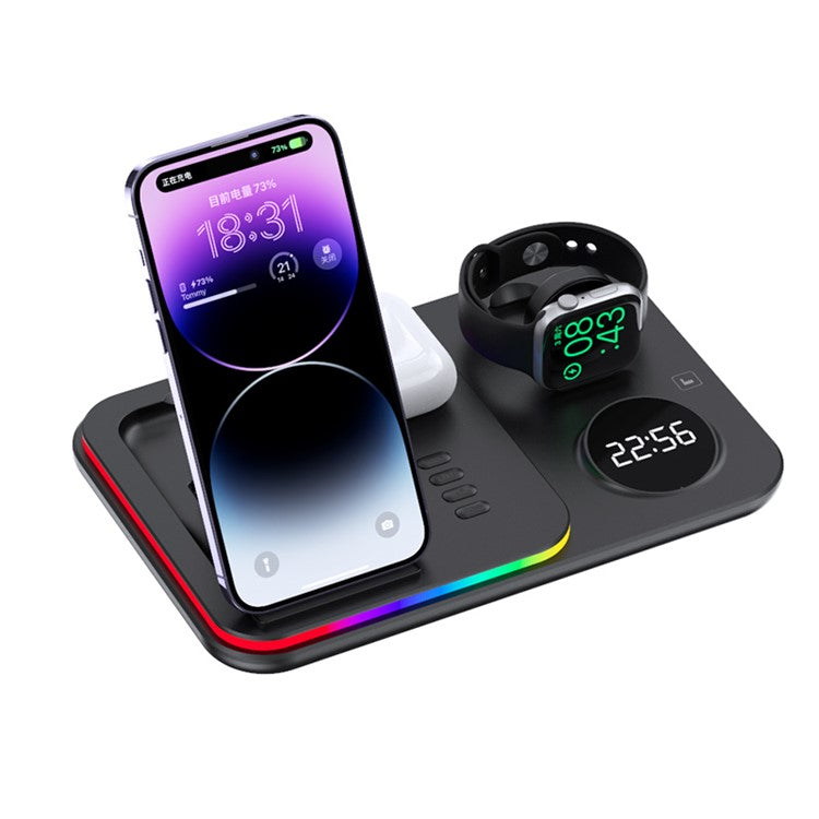 JJT-A82 Folding Cell Phone Wireless Charger RGB Lights Multifunction Headphone Watch Charging Station with Clock - Black