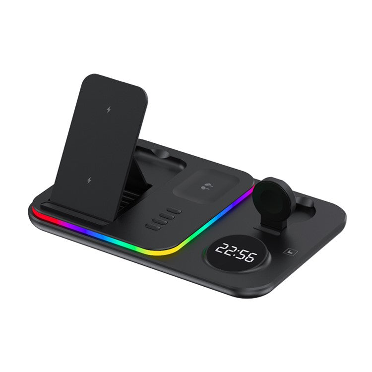 JJT-A82 Folding Cell Phone Wireless Charger RGB Lights Multifunction Headphone Watch Charging Station with Clock - Black