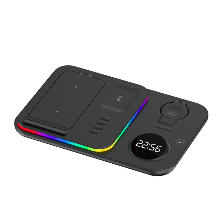 JJT-A82 Folding Cell Phone Wireless Charger RGB Lights Multifunction Headphone Watch Charging Station with Clock - Black