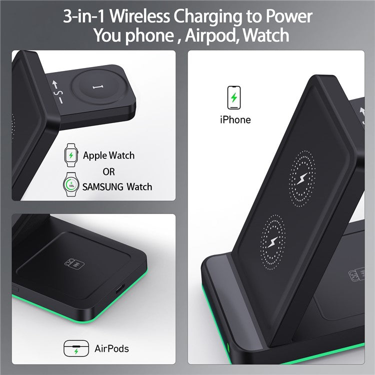 H24 Multi-Function 15W Wireless Phone Charger for Watch, Headset Portable Cordless Charging Stand