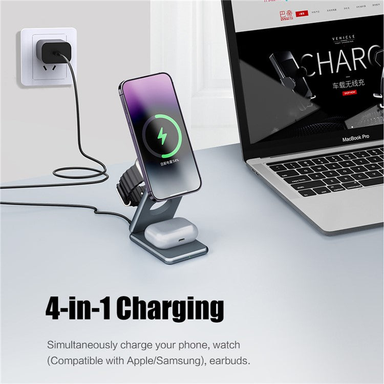 AK09 3-in-1 15W Magnetic Wireless Charger Aluminum Alloy Folding Cell Phone Fast Charging Stand for Earbuds, Smart Watch