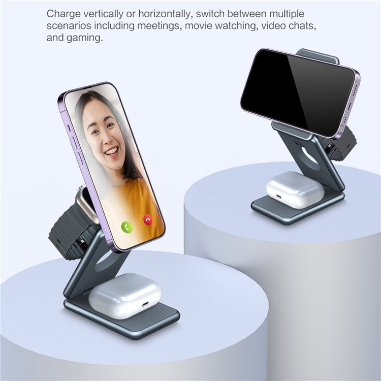 AK09 3-in-1 15W Magnetic Wireless Charger Aluminum Alloy Folding Cell Phone Fast Charging Stand for Earbuds, Smart Watch