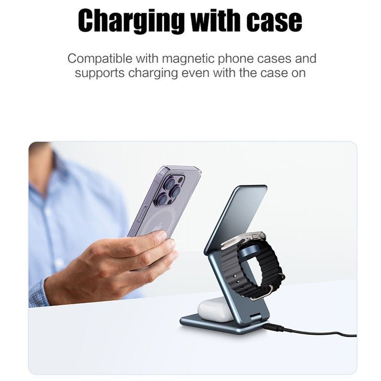 AK09 3-in-1 15W Magnetic Wireless Charger Aluminum Alloy Folding Cell Phone Fast Charging Stand for Earbuds, Smart Watch