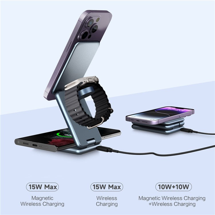 AK09 3-in-1 15W Magnetic Wireless Charger Aluminum Alloy Folding Cell Phone Fast Charging Stand for Earbuds, Smart Watch