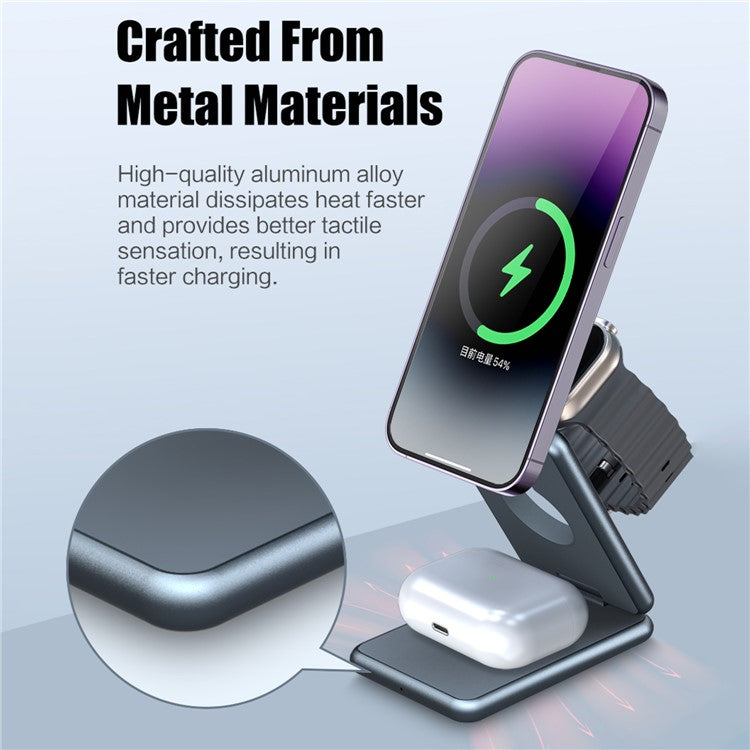 AK09 3-in-1 15W Magnetic Wireless Charger Aluminum Alloy Folding Cell Phone Fast Charging Stand for Earbuds, Smart Watch