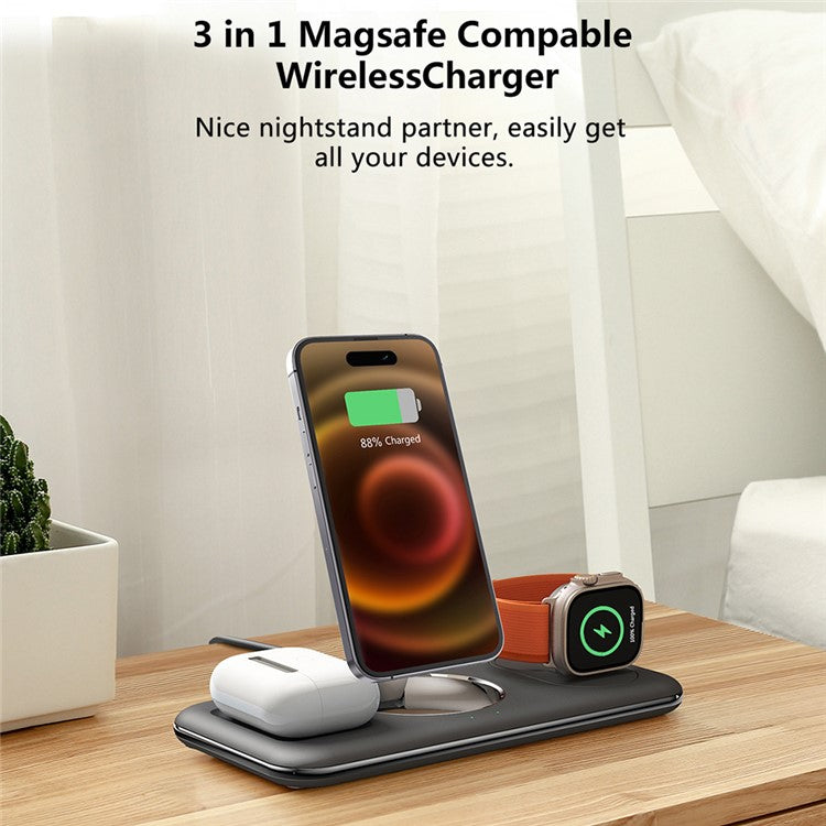 V18 3-in-1 Magnetic Wireless Charger Compatible with MagSafe Folding Cell Phone Charging Stand for Earbuds, Smart Watch - Black