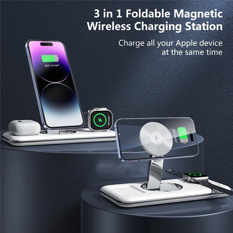 V18 3-in-1 Magnetic Wireless Charger Compatible with MagSafe Folding Cell Phone Charging Stand for Earbuds, Smart Watch - White