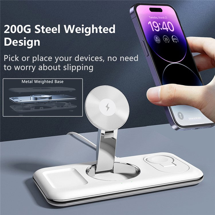 V18 3-in-1 Magnetic Wireless Charger Compatible with MagSafe Folding Cell Phone Charging Stand for Earbuds, Smart Watch - White