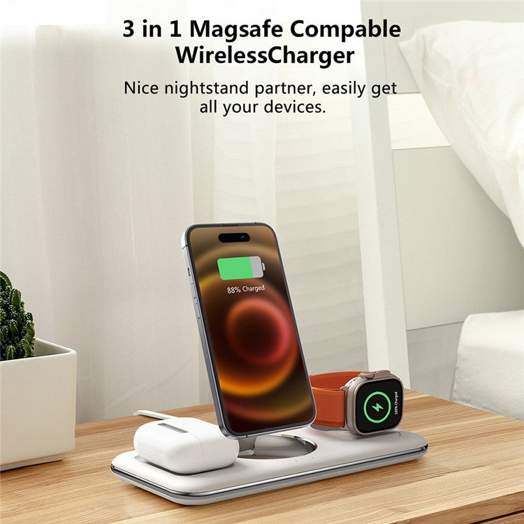 V18 3-in-1 Magnetic Wireless Charger Compatible with MagSafe Folding Cell Phone Charging Stand for Earbuds, Smart Watch - White