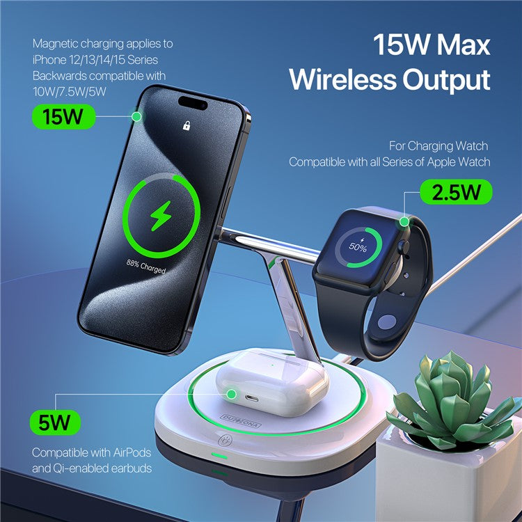 DUZZONA W16 15W 3-in-1 Magnetic Wireless Charger Cellphone Charging Stand for iPhone 16 Series / Apple Watch 10 / AirPods 4