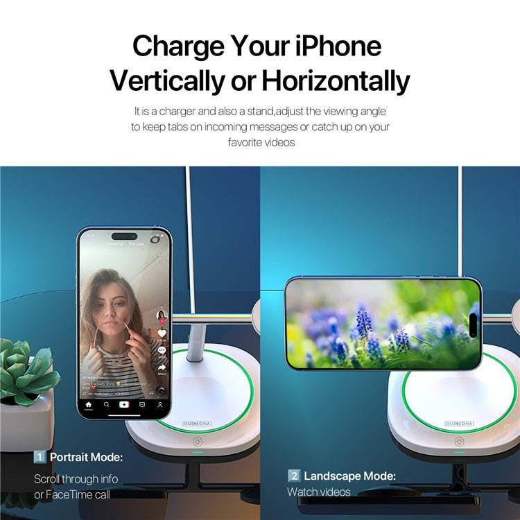 DUZZONA W16 15W 3-in-1 Magnetic Wireless Charger Cellphone Charging Stand for iPhone 16 Series / Apple Watch 10 / AirPods 4