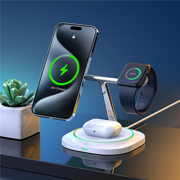 DUZZONA W16 15W 3-in-1 Magnetic Wireless Charger Cellphone Charging Stand for iPhone 16 Series / Apple Watch 10 / AirPods 4