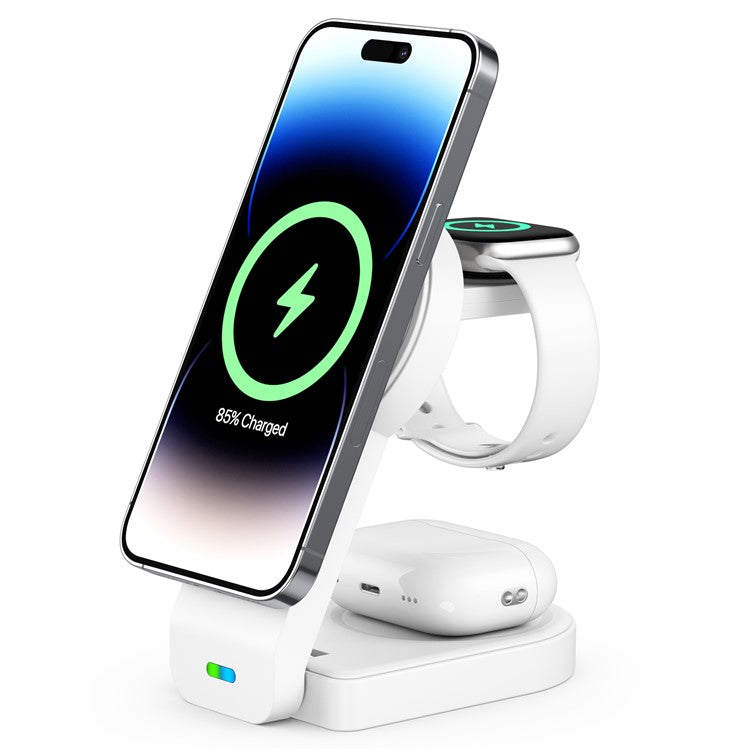 B-23 For iPhone 12-15 Series Magnetic Wireless Charger Headset Watch Folding 3-in-1 Wireless Charging Station - White