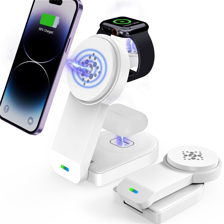 B-23 For iPhone 12-15 Series Magnetic Wireless Charger Headset Watch Folding 3-in-1 Wireless Charging Station - White