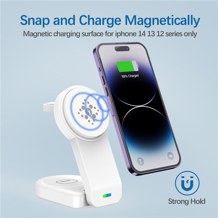 B-23 For iPhone 12-15 Series Magnetic Wireless Charger Headset Watch Folding 3-in-1 Wireless Charging Station - White