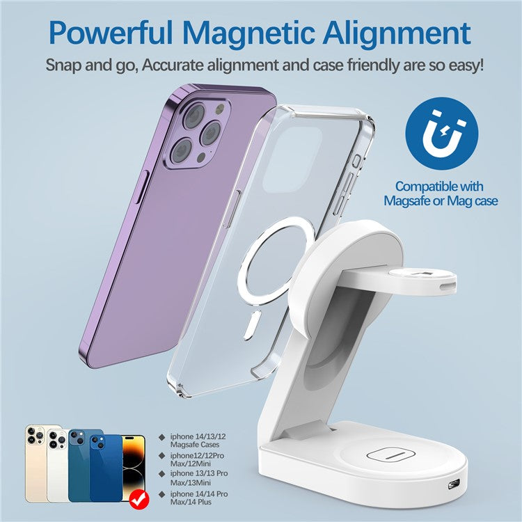 B-23 For iPhone 12-15 Series Magnetic Wireless Charger Headset Watch Folding 3-in-1 Wireless Charging Station - White