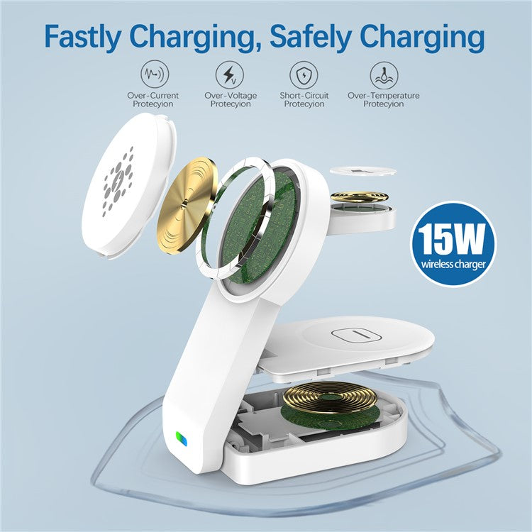 B-23 For iPhone 12-15 Series Magnetic Wireless Charger Headset Watch Folding 3-in-1 Wireless Charging Station - White