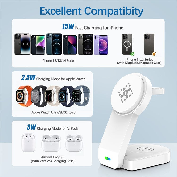 B-23 For iPhone 12-15 Series Magnetic Wireless Charger Headset Watch Folding 3-in-1 Wireless Charging Station - White