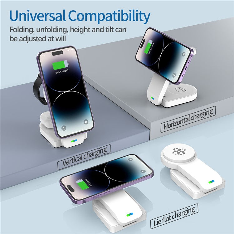 B-23 For iPhone 12-15 Series Magnetic Wireless Charger Headset Watch Folding 3-in-1 Wireless Charging Station - White