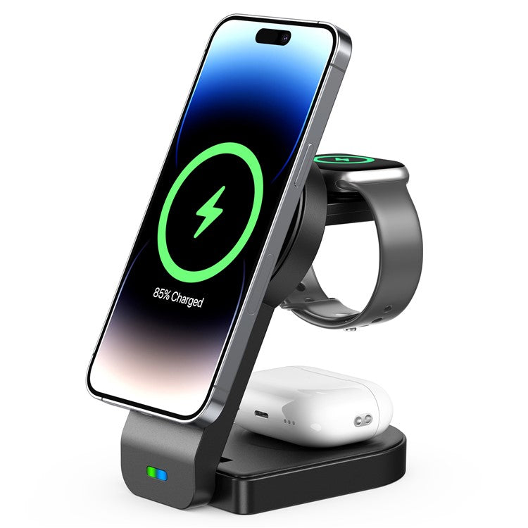 B-23 For iPhone 12-15 Series Magnetic Wireless Charger Headset Watch Folding 3-in-1 Wireless Charging Station - Black