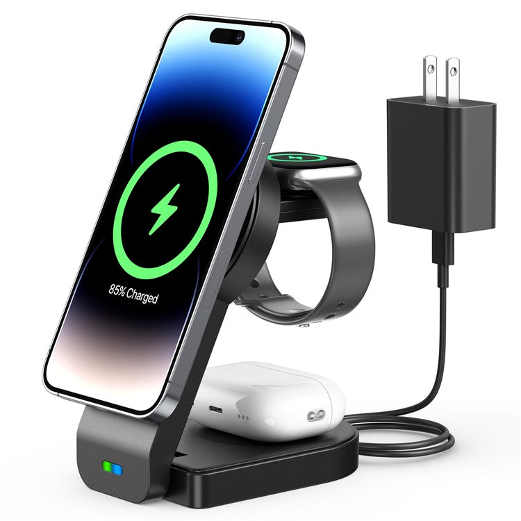 B-23 For iPhone 12-15 Series Magnetic Wireless Charger Headset Watch Folding 3-in-1 Wireless Charging Station - Black