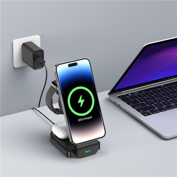 B-23 For iPhone 12-15 Series Magnetic Wireless Charger Headset Watch Folding 3-in-1 Wireless Charging Station - Black