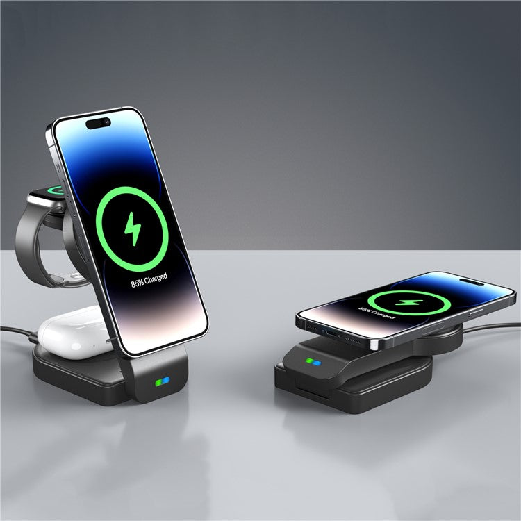 B-23 For iPhone 12-15 Series Magnetic Wireless Charger Headset Watch Folding 3-in-1 Wireless Charging Station - Black