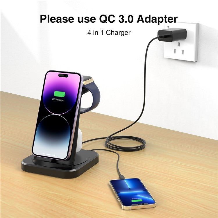 W-06 4-in-1 Wired Charger for iPhone 5-14 Series Cell Phone Headset, Smartwatch Wireless Charger Stand - Black