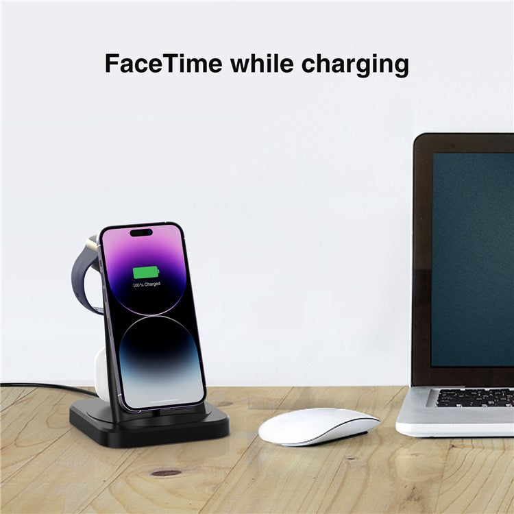 W-06 4-in-1 Wired Charger for iPhone 5-14 Series Cell Phone Headset, Smartwatch Wireless Charger Stand - Black