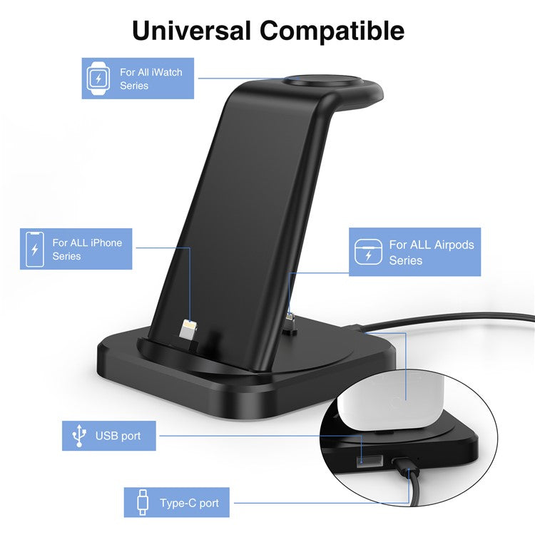 W-06 4-in-1 Wired Charger for iPhone 5-14 Series Cell Phone Headset, Smartwatch Wireless Charger Stand - Black